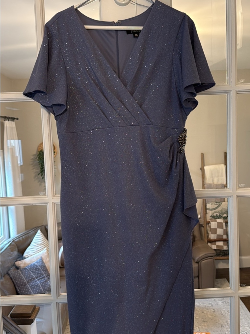 Navy Sparkle Wrap-Front Midi Dress with Side Embellishment